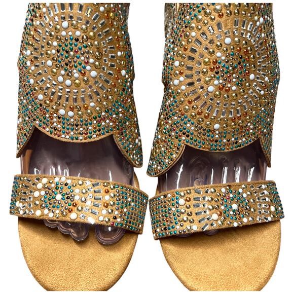 VENUS Womens 8 Tan Embellished Beaded Sandals Ankle Strap Block Heel - Picture 3 of 15